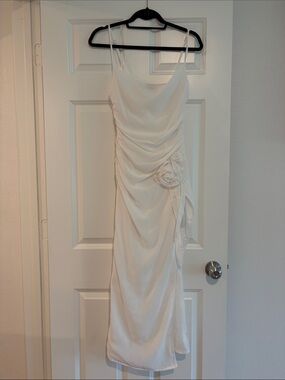PLT White Spaghetti-Strap Dress with Side Rosette